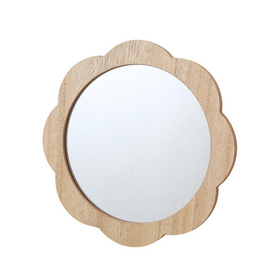 Natural Wooden Flower Shape Wall Hanging Mirror Decorative Circle Mirror Wall Decoration for Bathroom Vanity Home Decor