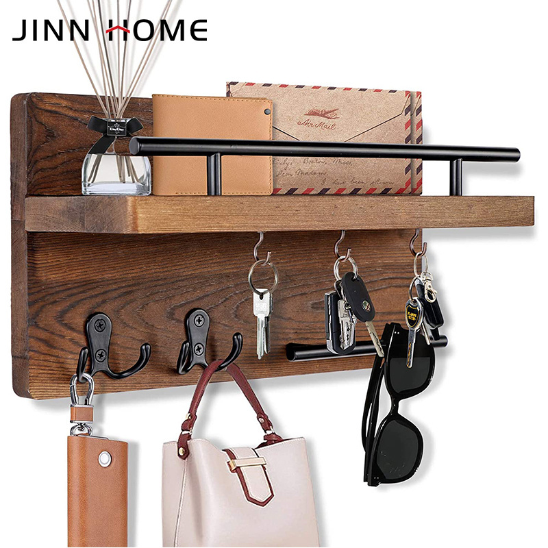 Key Holder for Wall Decorative with 5 Key Hooks Wall Mounted Key Hangers for Wall with Wooden Mail Organizer with Shelf