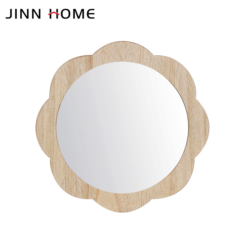 Natural Wooden Flower Shape Wall Hanging Mirror Decorative Circle Mirror Wall Decoration for Bathroom Vanity Home Decor