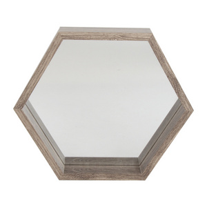 Decorative Wooden Hexagon Shelves Antique brass Color Black Glass Wall Mounted Mirror in High quality