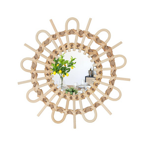 JINNHOME Rattan Daisy handmade round mirror wicker framed mirror Bohemia nursery wall decoration girl room wall art