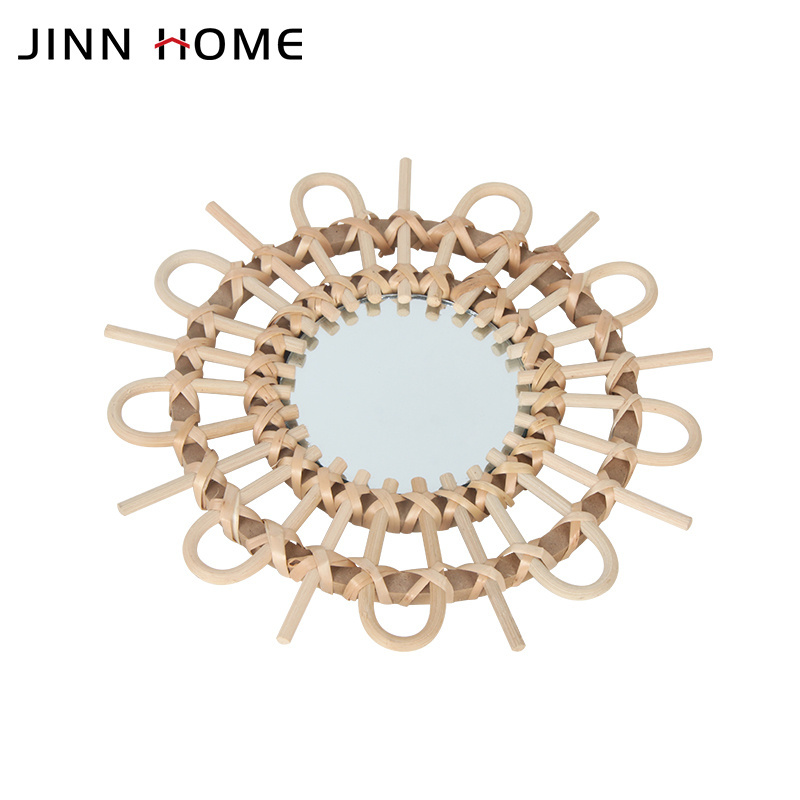 JINNHOME Rattan Daisy handmade round mirror wicker framed mirror Bohemia nursery wall decoration girl room wall art