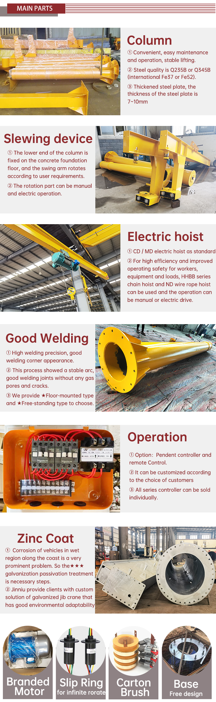 Factory Direct Sale 1 ton 2 ton 3 ton 5 ton 360 Degree Rotation Supported Cantilever JIB Crane With Electric Hoist