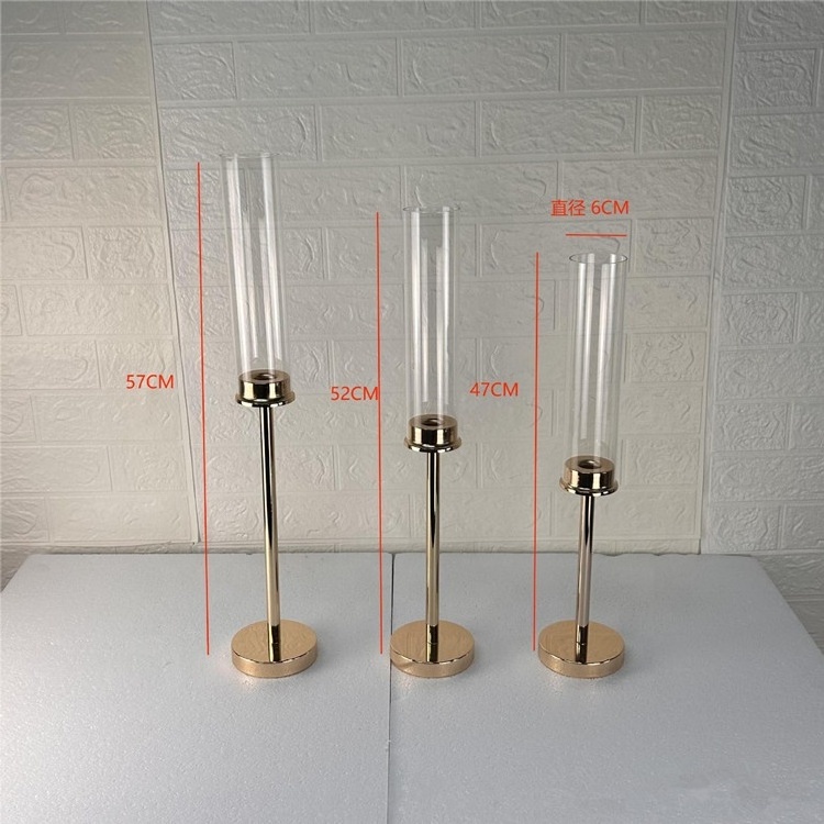 European Tall Gold Metal Hot Sale Stick Holder Crystal Cylinder Wedding Taper Candle Holder