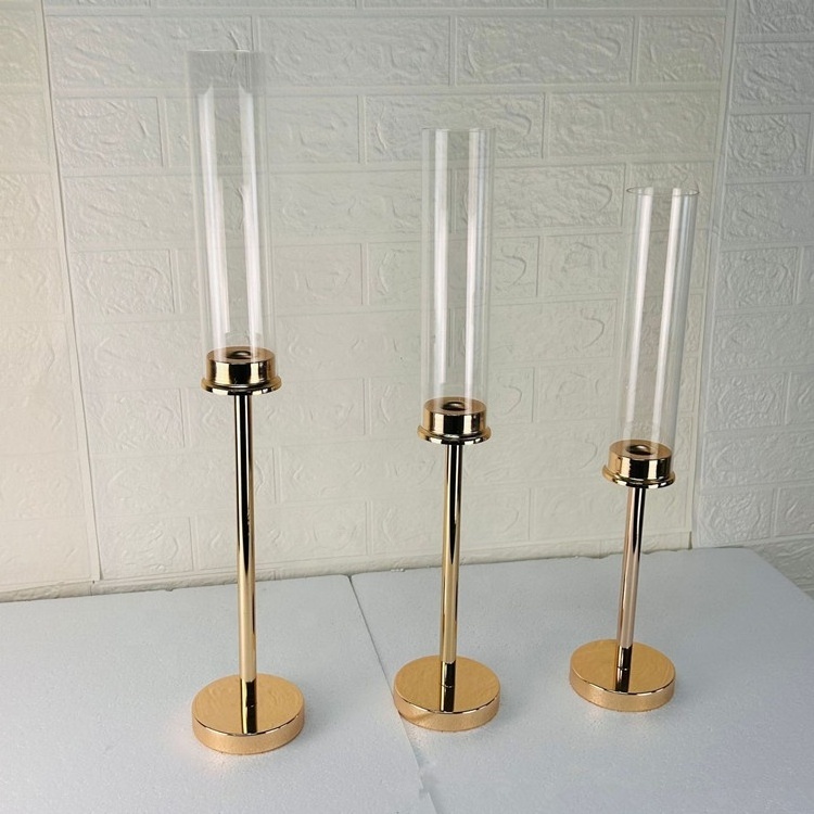 European Tall Gold Metal Hot Sale Stick Holder Crystal Cylinder Wedding Taper Candle Holder