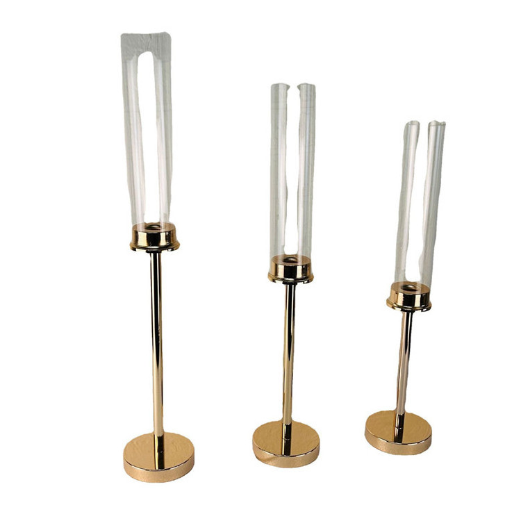 European Tall Gold Metal Hot Sale Stick Holder Crystal Cylinder Wedding Taper Candle Holder