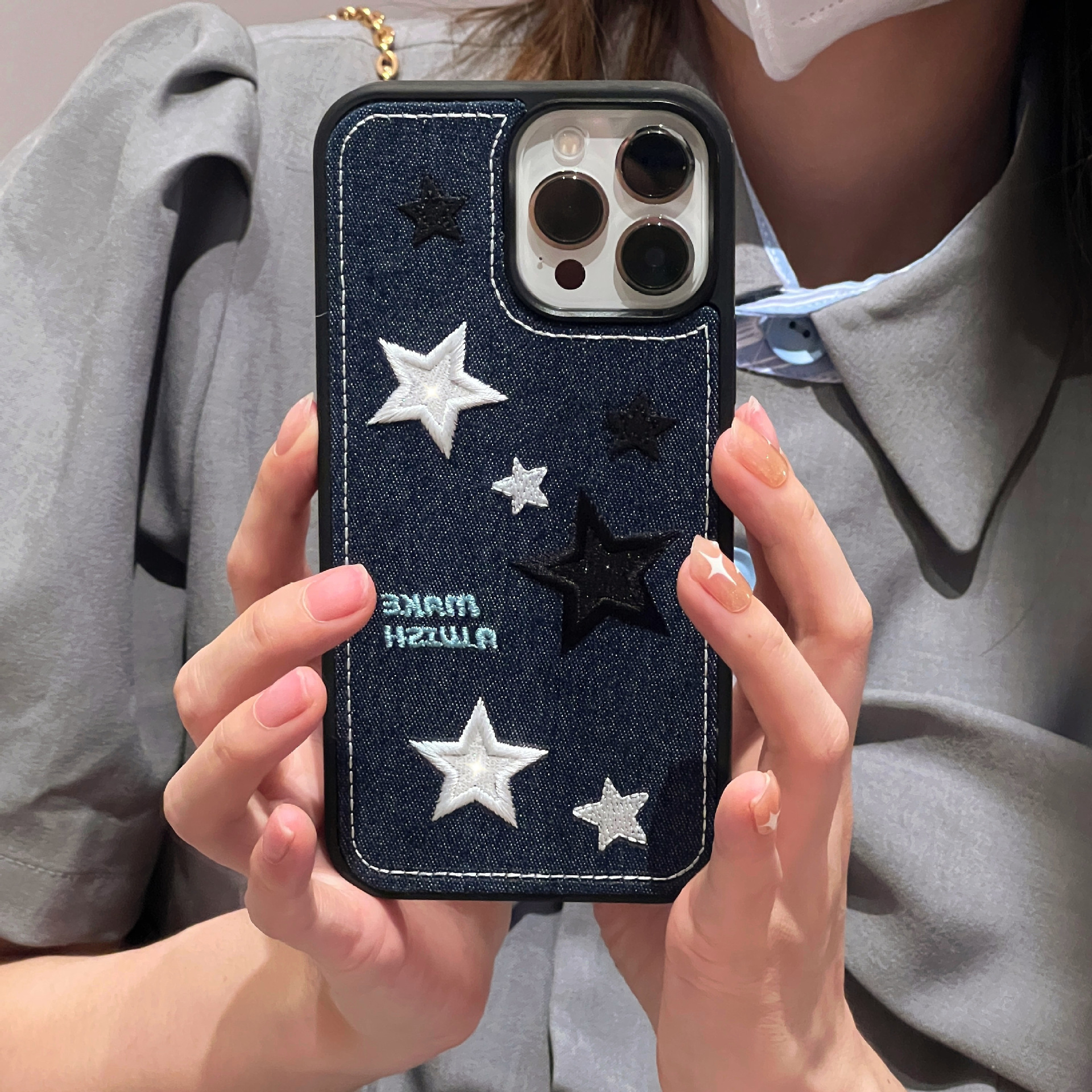 Luxury Simple Jeans Embroidery Pattern Cute Star & Letters With Black Edge Protection Mobile Phone Cases For Iphone 14 13 promax