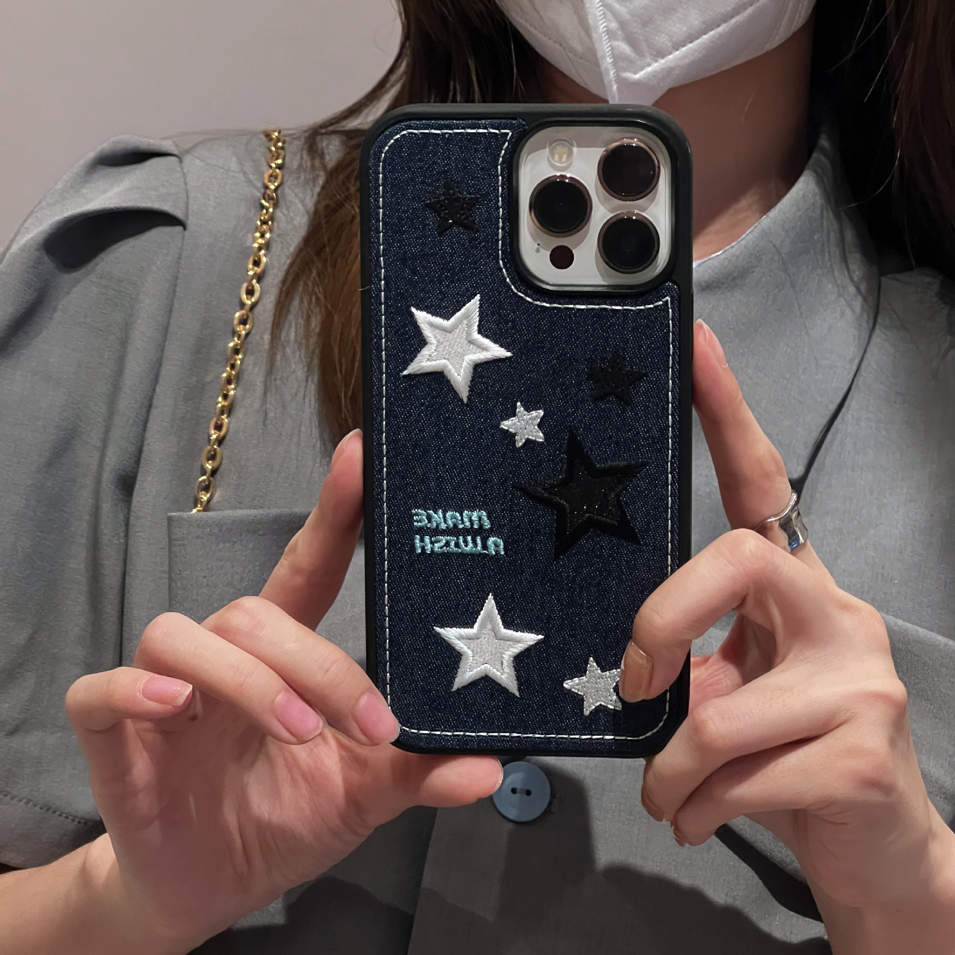 Luxury Simple Jeans Embroidery Pattern Cute Star & Letters With Black Edge Protection Mobile Phone Cases For Iphone 14 13 promax