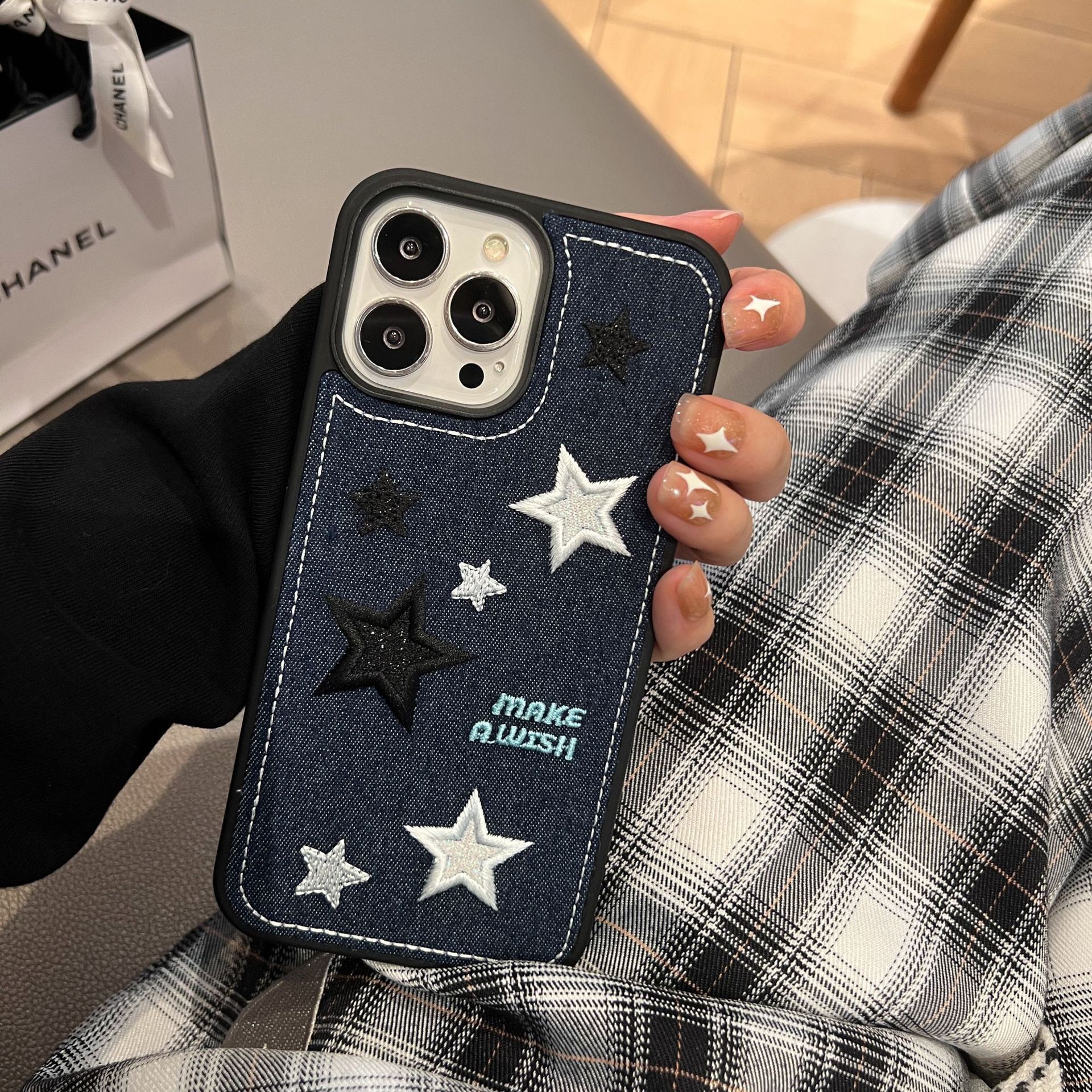 Luxury Simple Jeans Embroidery Pattern Cute Star & Letters With Black Edge Protection Mobile Phone Cases For Iphone 14 13 promax