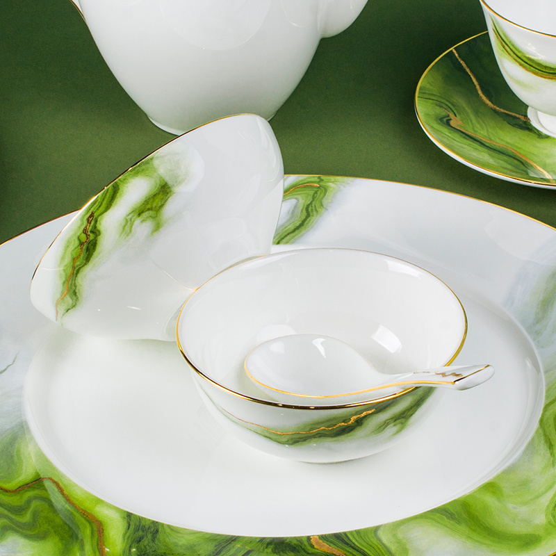 New Design Gold Rim Bone China Porcelain Dinner Plate Set Dinnerware Wholesale White Green Marble Luxury Ceramic Tableware Set