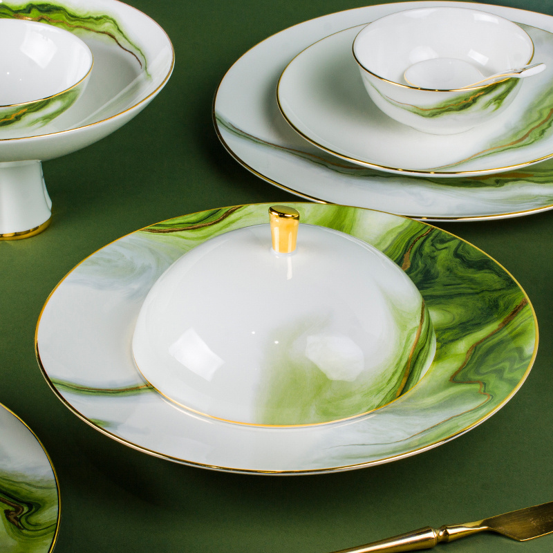 New Design Gold Rim Bone China Porcelain Dinner Plate Set Dinnerware Wholesale White Green Marble Luxury Ceramic Tableware Set