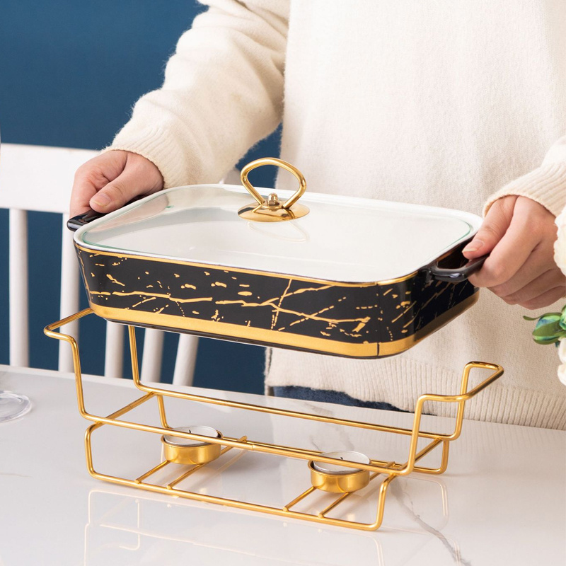 Rectangular Ceramic Casserole Pot Baking Dish Tableware Candle Fire Heating Hotel Dry Soup Pot with Golden Candle Rack