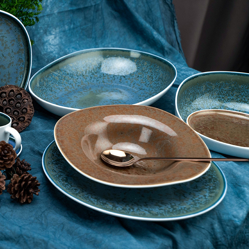 Wholesale Antique Crockery Rustic Dinner Set Porcelain Color Brown Blue Reactive Glazed Ceramic Dinnerware Sets