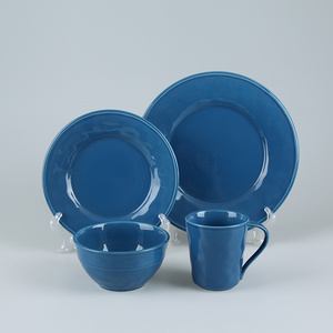 High Quality 16-Pieces Portugal Solid Color Glazed Blue Ceramic Porcelain Kitchen Dining Dinner Service Dishware Set Dinnerware