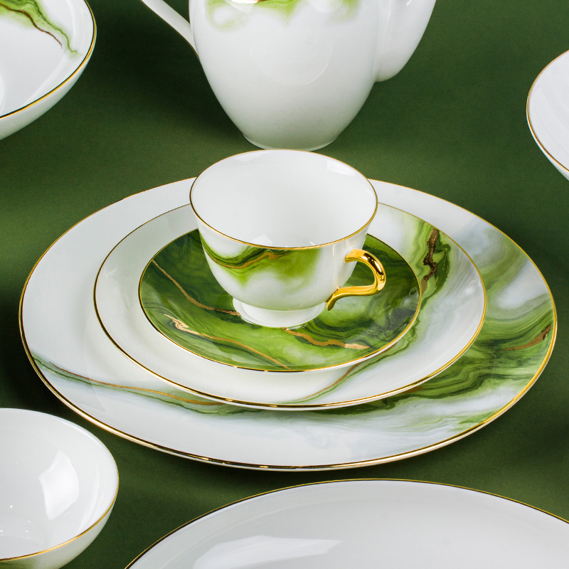 New Design Gold Rim Bone China Porcelain Dinner Plate Set Dinnerware Wholesale White Green Marble Luxury Ceramic Tableware Set