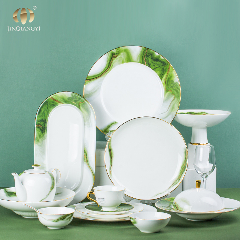 New Design Gold Rim Bone China Porcelain Dinner Plate Set Dinnerware Wholesale White Green Marble Luxury Ceramic Tableware Set