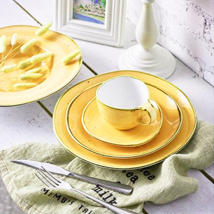 Food Grade Yellow Reactive Glazed Ceramic Dinner Plate Bowl and Cup Set, 5 pcs Pakistani Porcelain Dinner Ware Sets for Catering