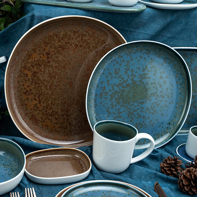 Wholesale Antique Crockery Rustic Dinner Set Porcelain Color Brown Blue Reactive Glazed Ceramic Dinnerware Sets