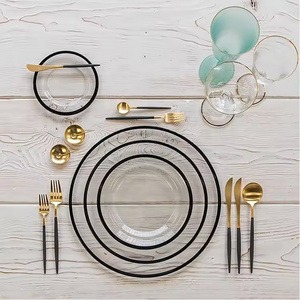 Wedding Decoration Clear Dinner Plates Crystal Round Restaurant Flat Dishes Under Plate Wholesale Black Rim Glass Charger Plates