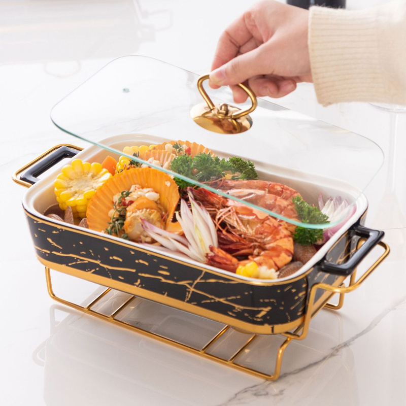 Rectangular Ceramic Casserole Pot Baking Dish Tableware Candle Fire Heating Hotel Dry Soup Pot with Golden Candle Rack