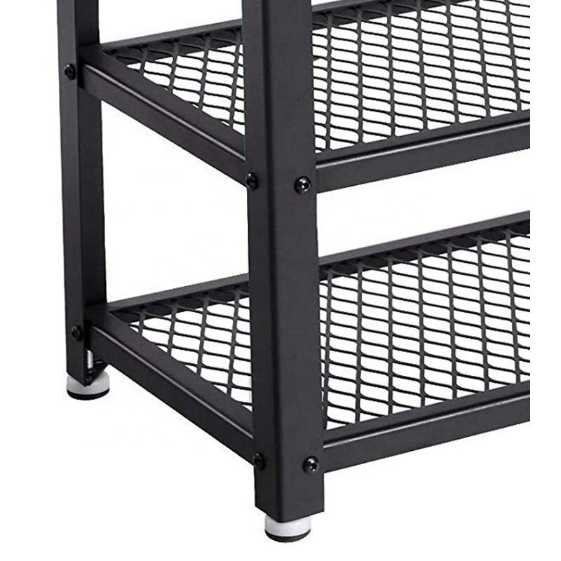 Shoe Shelf Storage Bench with Metal Mesh Shelves and Seat, Wood Free Standing Shoe Rack