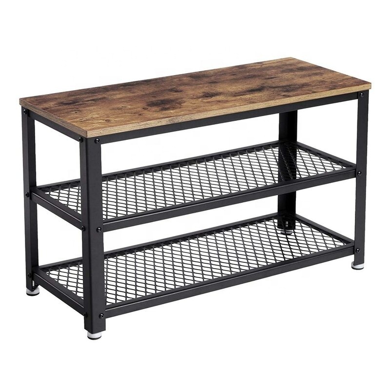 Shoe Shelf Storage Bench with Metal Mesh Shelves and Seat, Wood Free Standing Shoe Rack