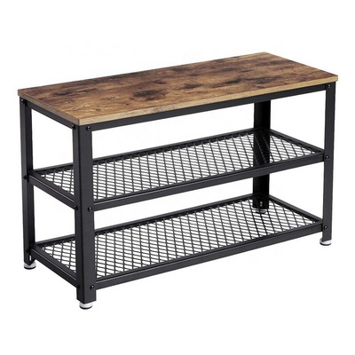 Shoe Shelf Storage Bench with Metal Mesh Shelves and Seat, Wood Free Standing Shoe Rack