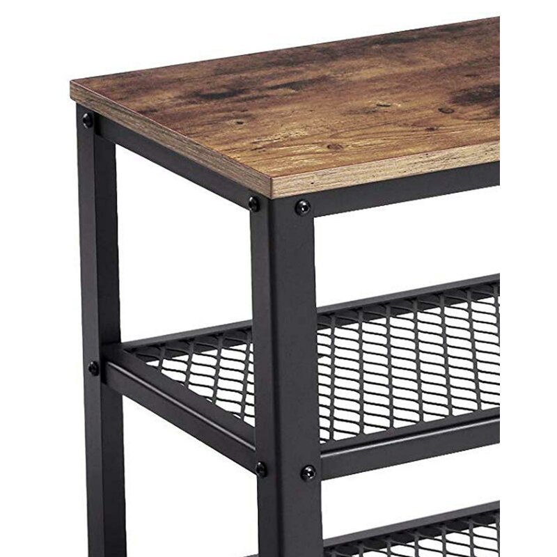 Shoe Shelf Storage Bench with Metal Mesh Shelves and Seat, Wood Free Standing Shoe Rack