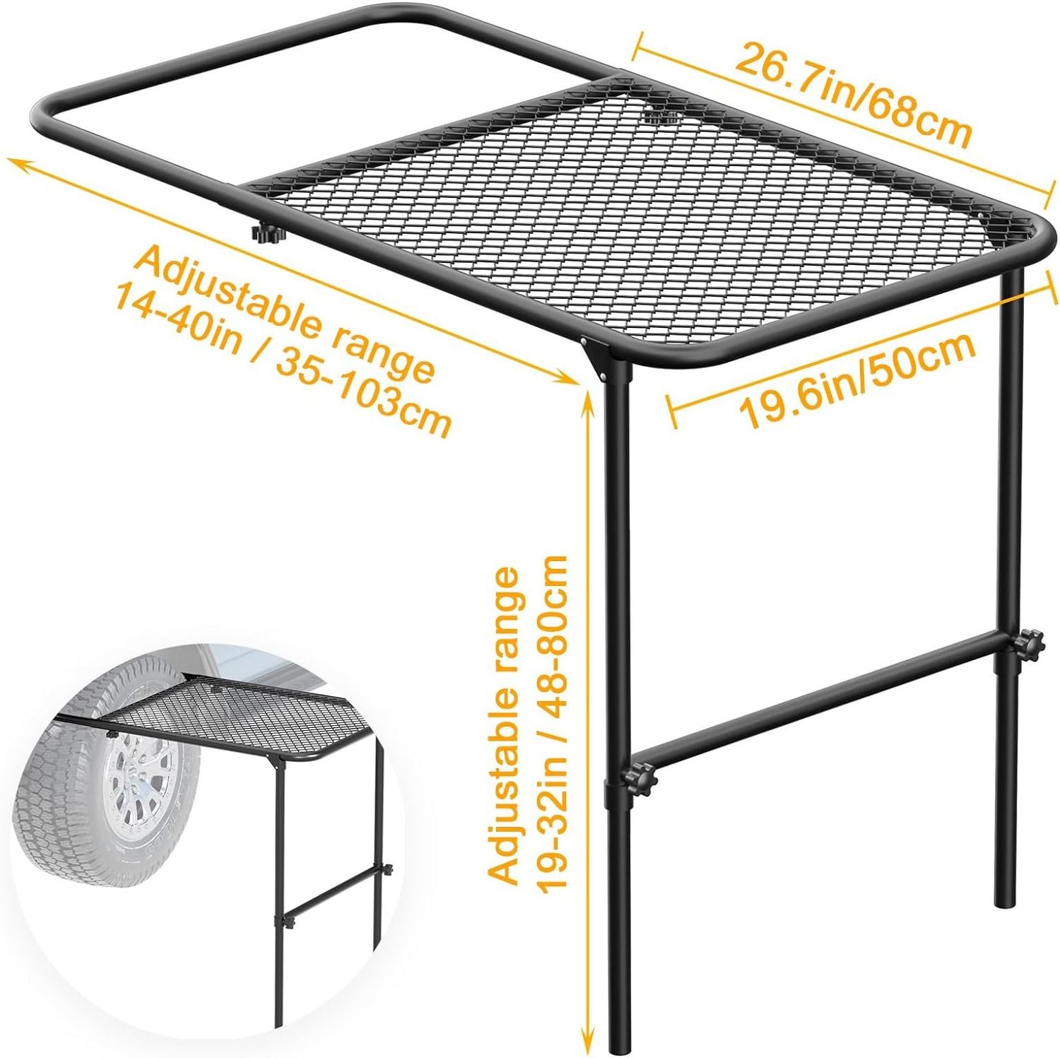 Vehicle Car Table Mounted on Vehicle Tire-Mounted Steel Camping, Travel, Tailgating and Outdoor Work Table, Matte Black (Steel)