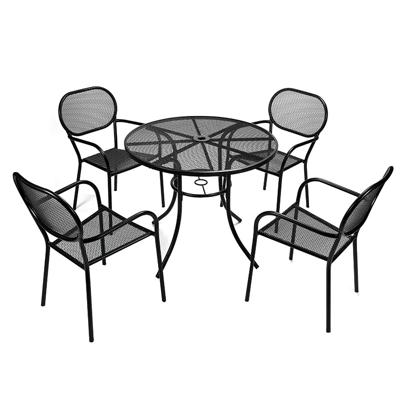 Outdoor Metal Patio Dining Table with Umbrella Hole, Picnic  Metal Steel Round Backyard Bistro Table Outdoor Dining Table