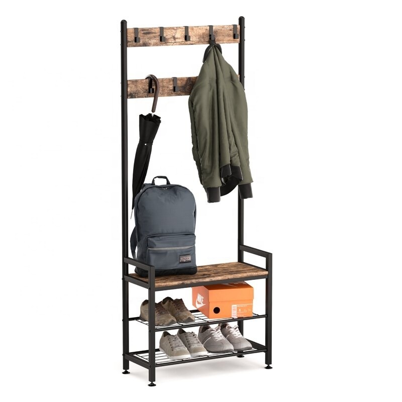 Hooks Handy Clothes Rail, Coat Rack FreeStanding with Shoe Storage Bench for Entryway Living Room Bedroom, Black