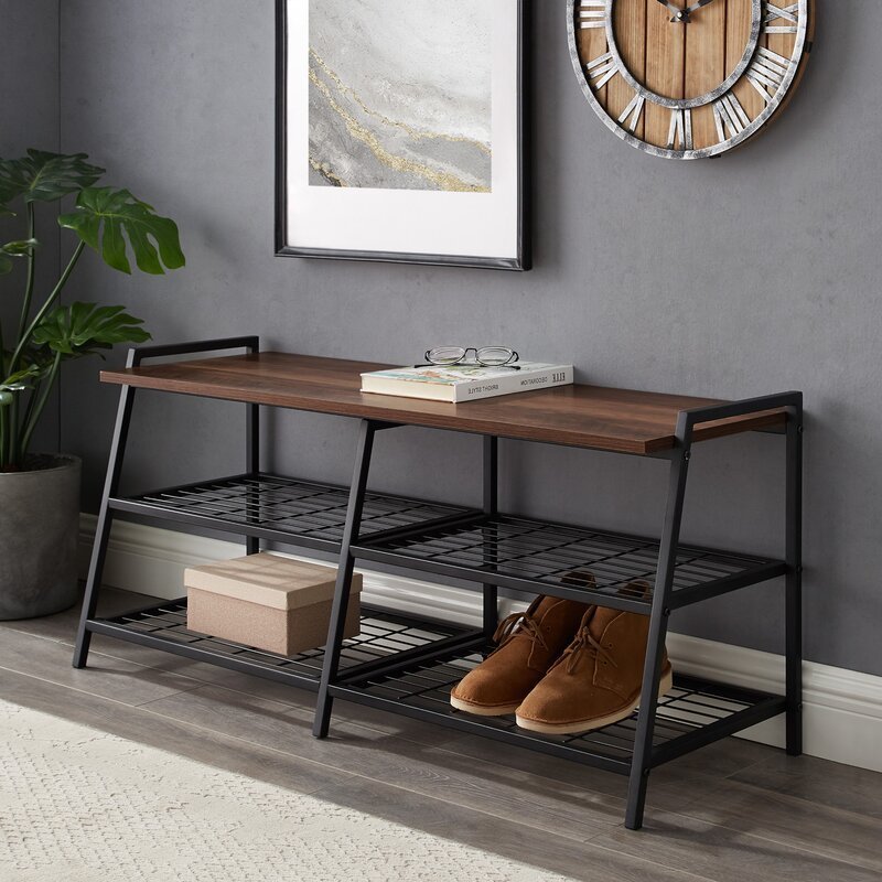 Shoe Rack Bench for Entryway with Boot Organizer, Industrial Entry Bench with Shoe Storage Shelf