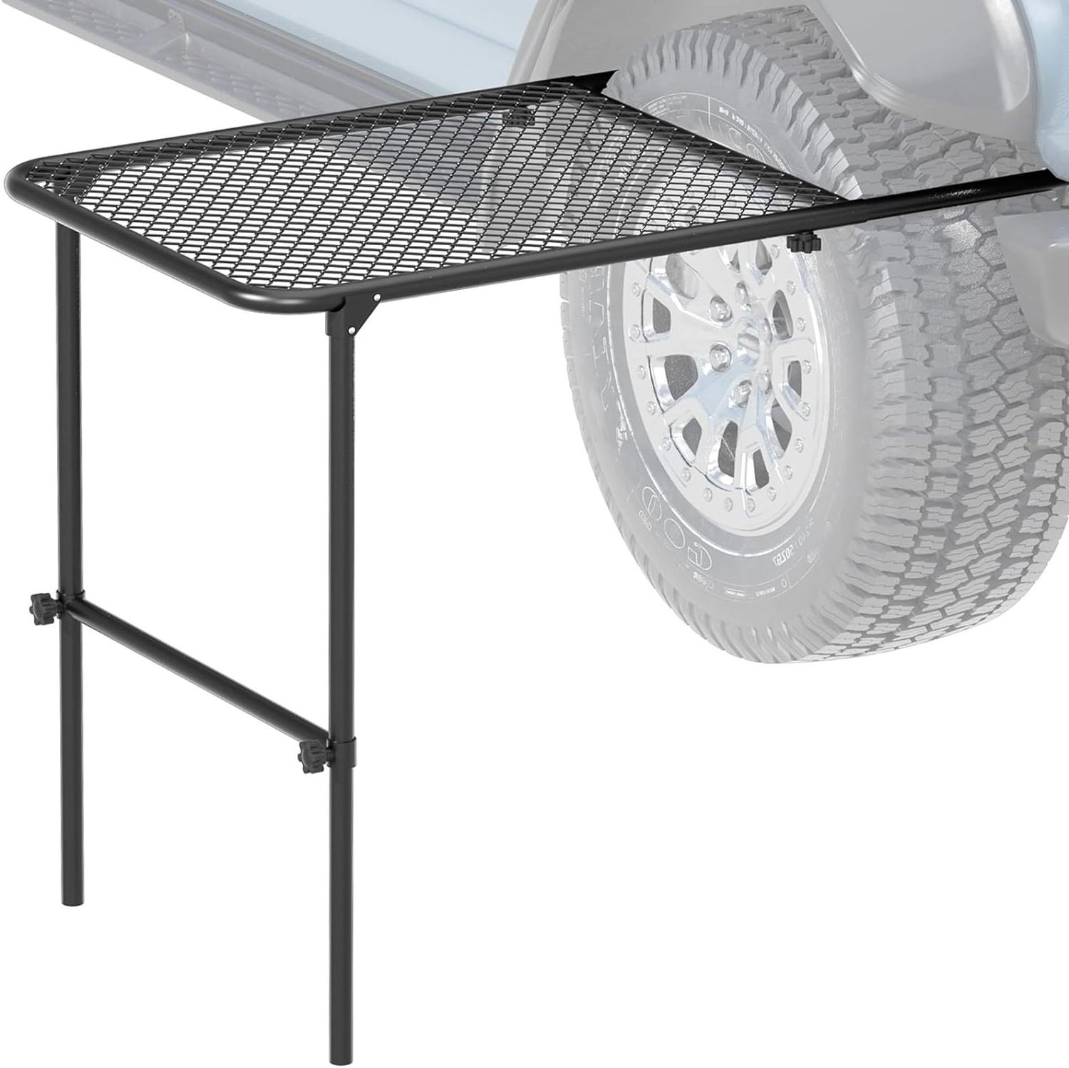 Tire Table Vehicle Tire-Mounted Steel Camping, Travel, Tailgating and Outdoor Work Table, Black powder coating iron mesh