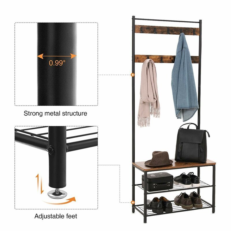 Coat Rack 3-in-1 Hall Tree Entryway Shoe Bench Coat Stand Storage Shelves Accent Furniture Steel Frame Large Size Industrial