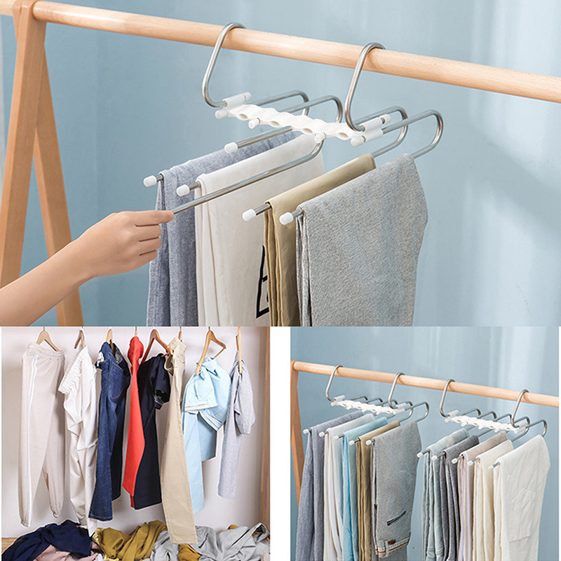 Multi functional Trouser Stainless Steel Hanger Storage Rack Adjustable For Pants Tie Storage Shelf Closet Organizer Clothes