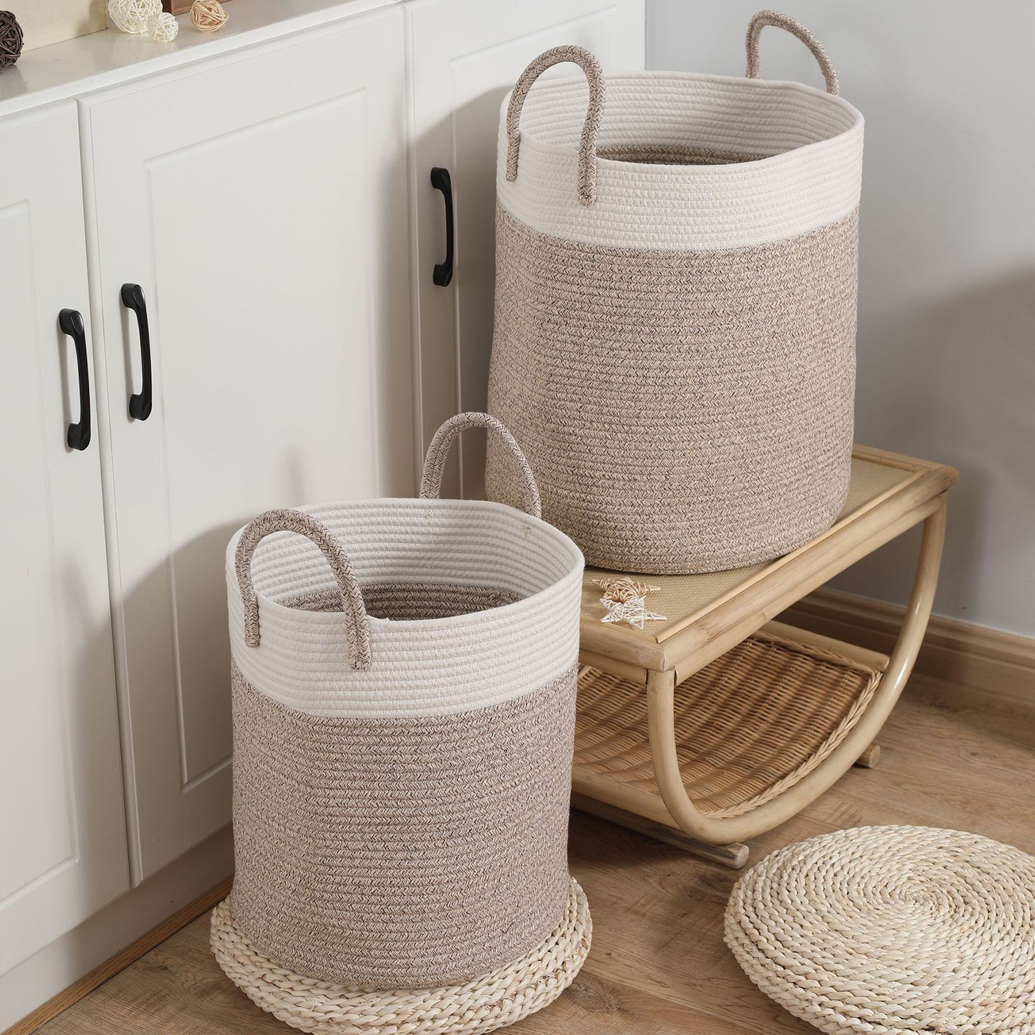 Wholesale New Home Hand Woven Foldable Baskets Large Woven Cotton Rope Storage Basket Cotton Basket