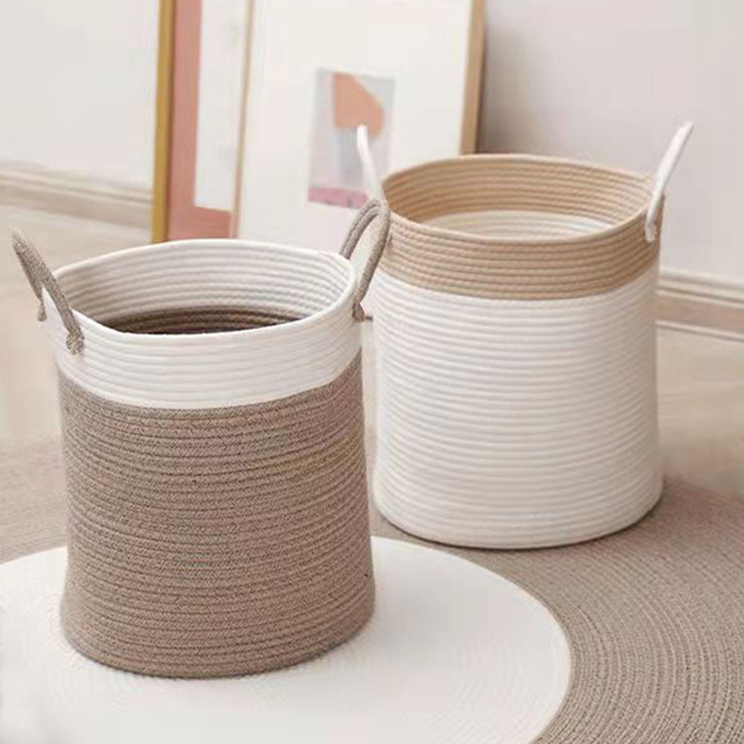 Wholesale New Home Hand Woven Foldable Baskets Large Woven Cotton Rope Storage Basket Cotton Basket