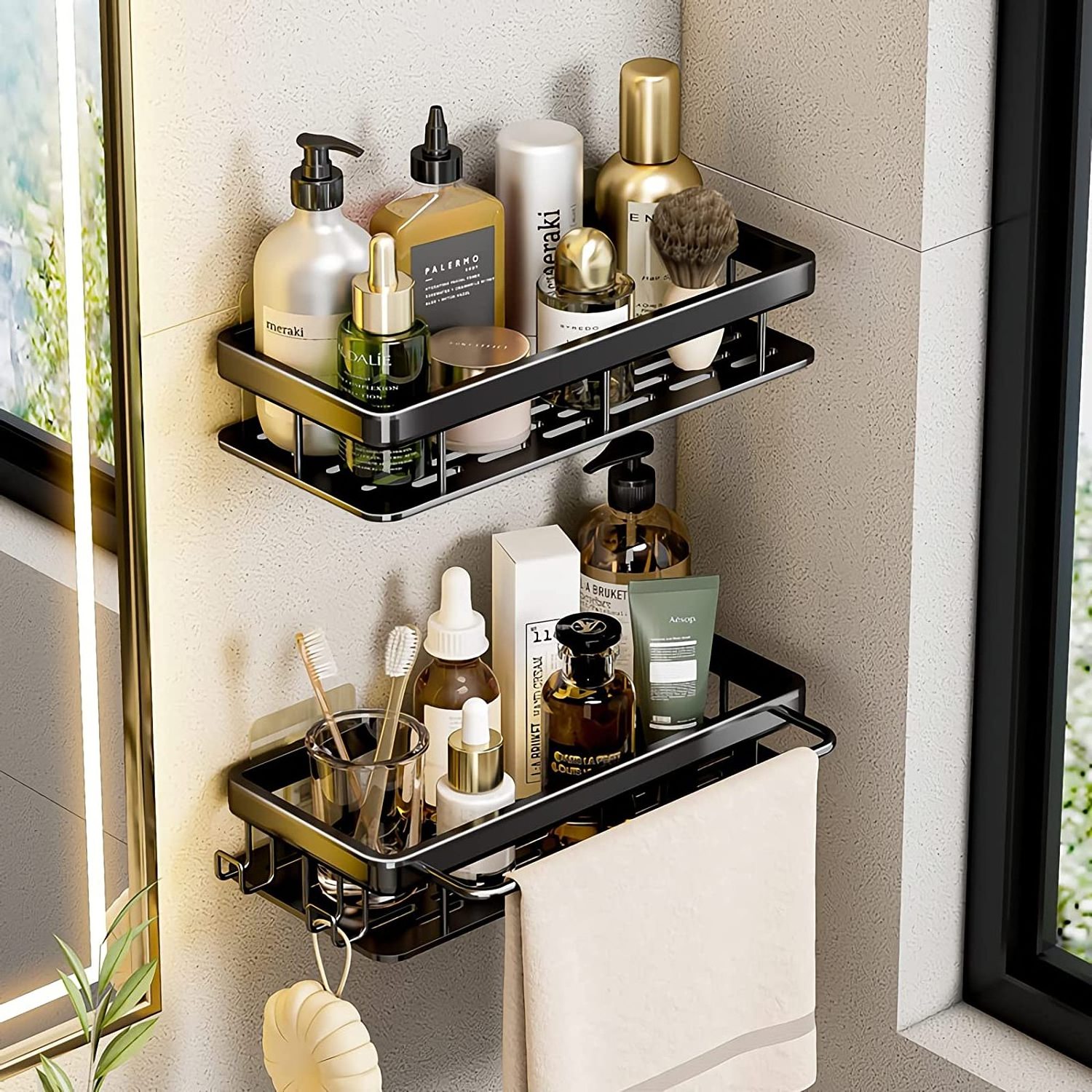 In Stock 2-Pack Bathroom Wall Shelf Shower Caddy Basket Shelf with Hooks for Hanging Sponge and Razor