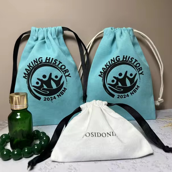 Recyclable Canvas Cotton Dust Bag Custom Logo Jewelry Packaging Drawstring Pouch With Ribbon Dusty Bag Gift Bag