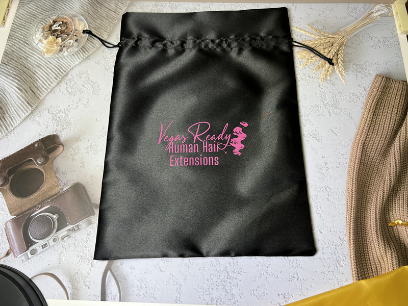 Wholesale Recyclable Custom logo high quality Custom Wig Storage Bags Drawstring Black Satin Silk Bag For Hair Bundle Packaging