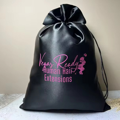 Wholesale Recyclable Custom logo high quality Custom Wig Storage Bags Drawstring Black Satin Silk Bag For Hair Bundle Packaging