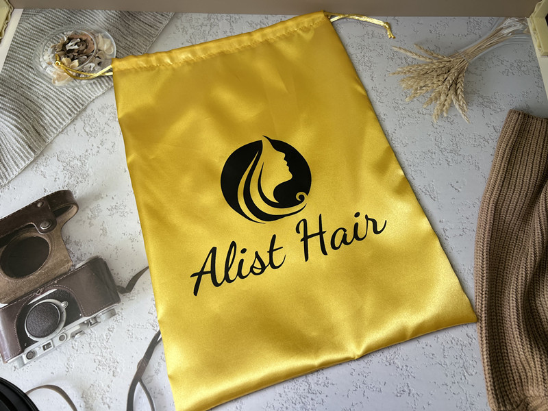 Wholesale Recyclable Custom logo high quality Custom Wig Storage Bags Drawstring Black Satin Silk Bag For Hair Bundle Packaging