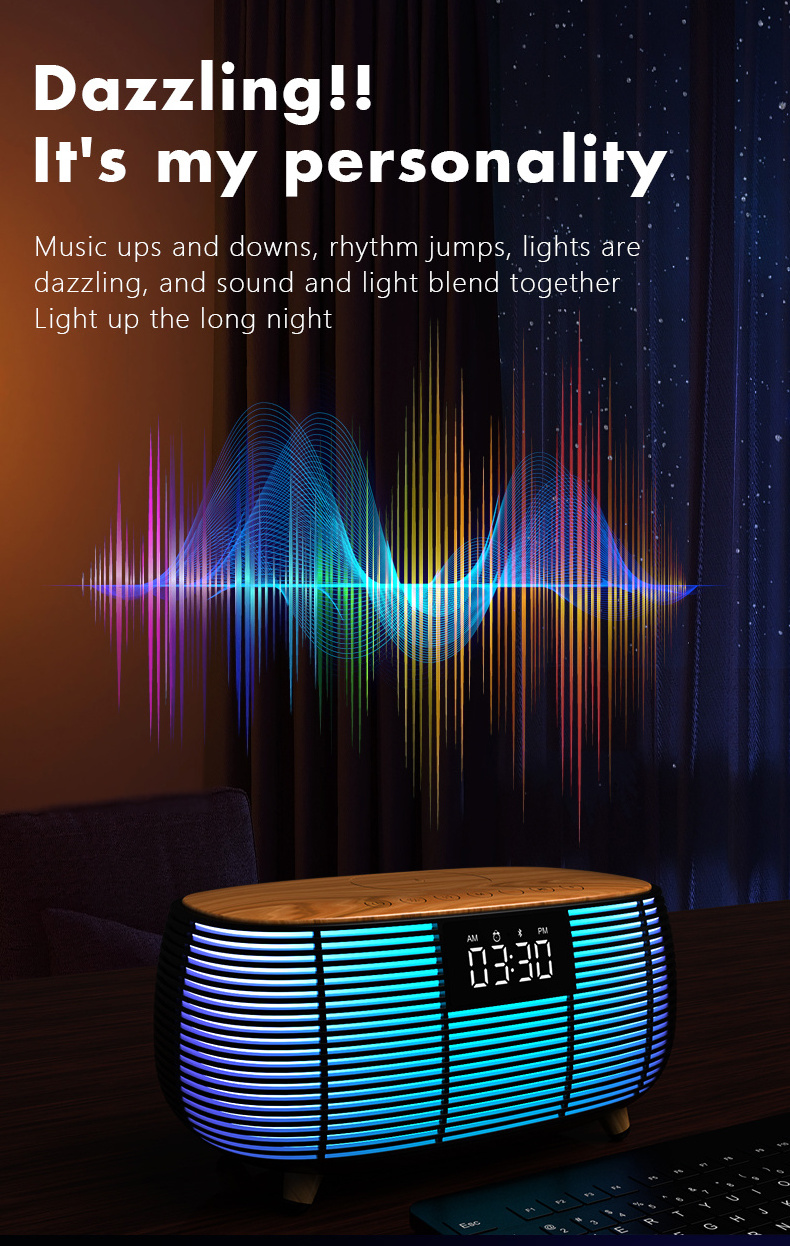 Hot Wood Atmosphere LED Night Light Wireless Speaker Music Lamp RGB Alarm Clock Smart Light With 15W Wireless Charger