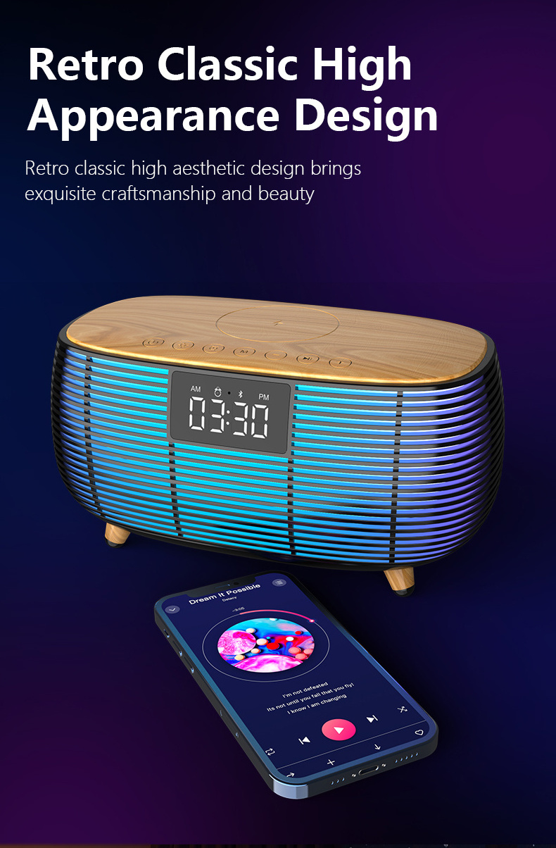 Hot Wood Atmosphere LED Night Light Wireless Speaker Music Lamp RGB Alarm Clock Smart Light With 15W Wireless Charger