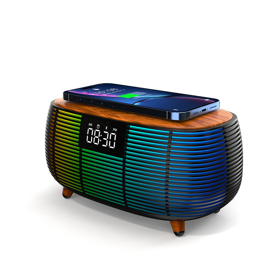 Hot Wood Atmosphere LED Night Light Wireless Speaker Music Lamp RGB Alarm Clock Smart Light With 15W Wireless Charger