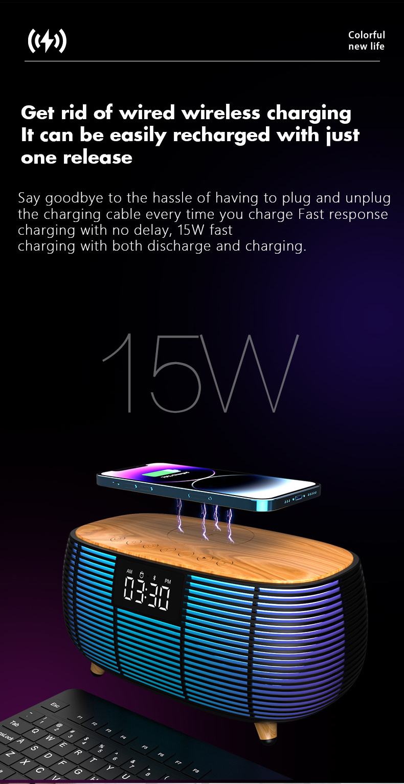 Hot Wood Atmosphere LED Night Light Wireless Speaker Music Lamp RGB Alarm Clock Smart Light With 15W Wireless Charger