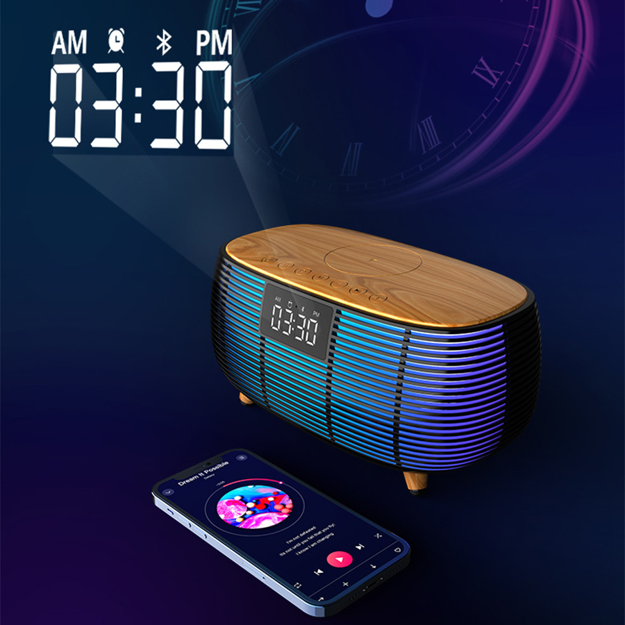 Hot Wood Atmosphere LED Night Light Wireless Speaker Music Lamp RGB Alarm Clock Smart Light With 15W Wireless Charger