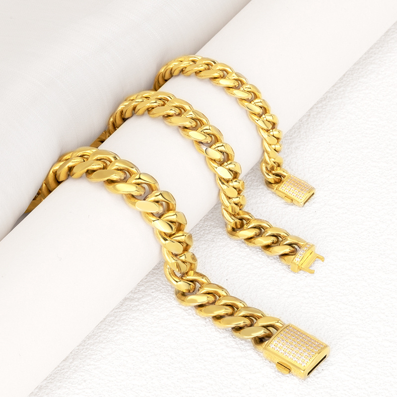 CZ Iced Out Zircon Buckle 14K 18K Gold Plated Miami Stainless Steel Cuban Link Chain Necklace Set Men Jewelry Cuban Link