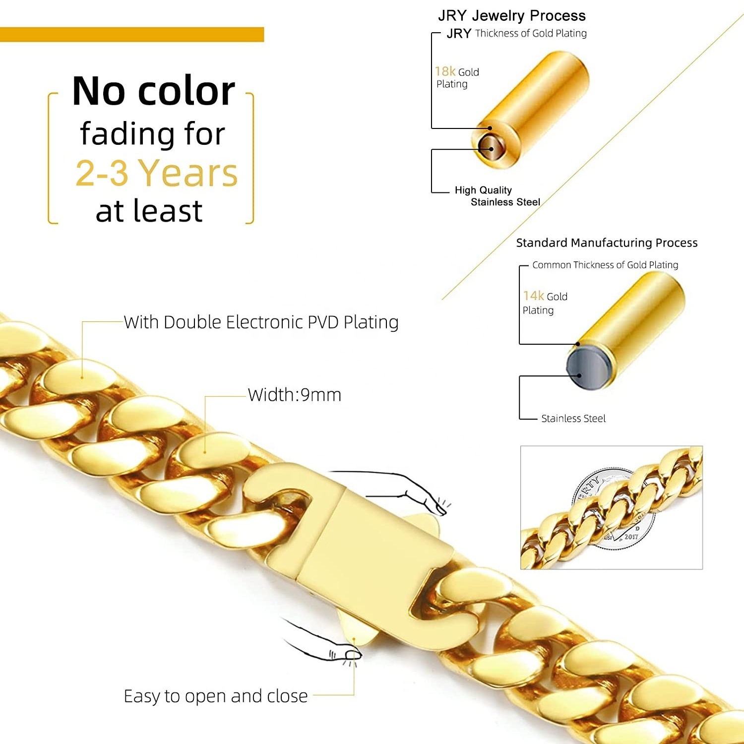 New Arrival Stainless Steel Four Sided Polished Gold Plated Miami Hip Hop Cuban Chain Necklace