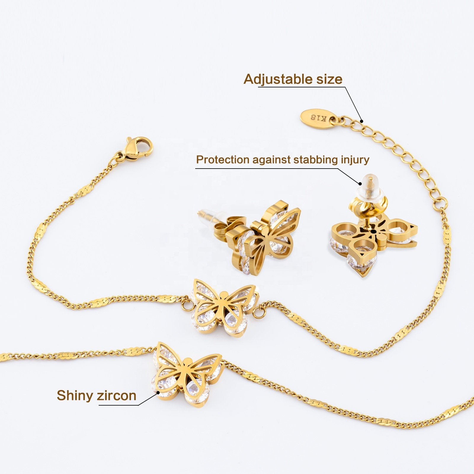 Dainty Choker Jewelry 18K Gold Plated Stainless Steel Zircon Crystal Butterfly Pendant Necklace For Women